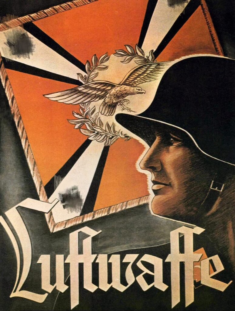 1942 WW2 Nazi Germany Propaganda Poster ‘Our Luftwaffe’ ceremonial flag with Luftwaffe flying eagle emblem and swastikas